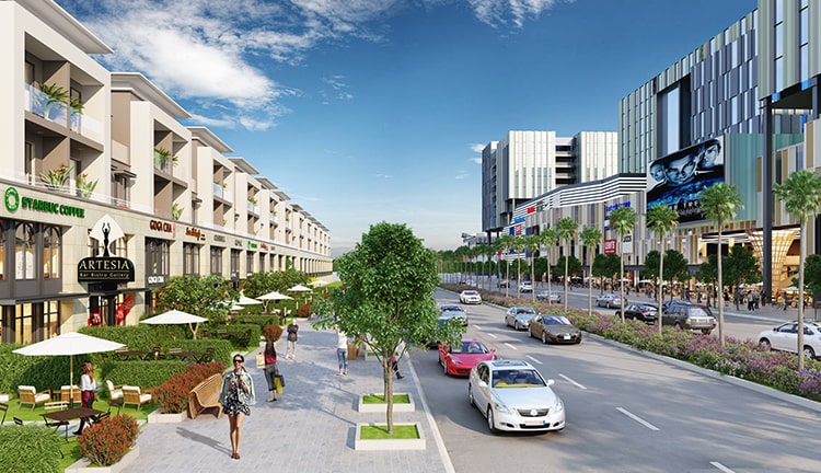 Phối cảnh khu trung tâm mua sắm và đường nội khu dự án E-City Tân Đức